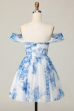 Off The Shoulder Printed White Blue Flower Homecoming Dress