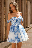 Off The Shoulder Printed White Blue Flower Homecoming Dress