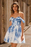 Off The Shoulder Printed White Blue Flower Homecoming Dress