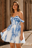 Off The Shoulder Printed White Blue Flower Homecoming Dress