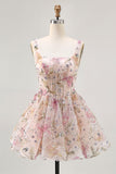 Floral A Line Square Neck Sequin Pink Homecoming Dress with Lace Up Back