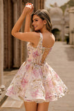 Sparkly A Line Square Neck Floral Pink Homecoming Dress with Lace Up Back