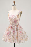 Floral A Line Square Neck Sequin Pink Homecoming Dress with Lace Up Back