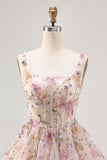 Floral A Line Square Neck Sequin Pink Homecoming Dress with Lace Up Back
