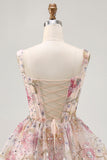 Floral A Line Square Neck Sequin Pink Homecoming Dress with Lace Up Back