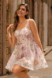 Sparkly A Line Square Neck Floral Pink Homecoming Dress with Lace Up Back