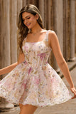 Sparkly A Line Square Neck Floral Pink Homecoming Dress with Lace Up Back