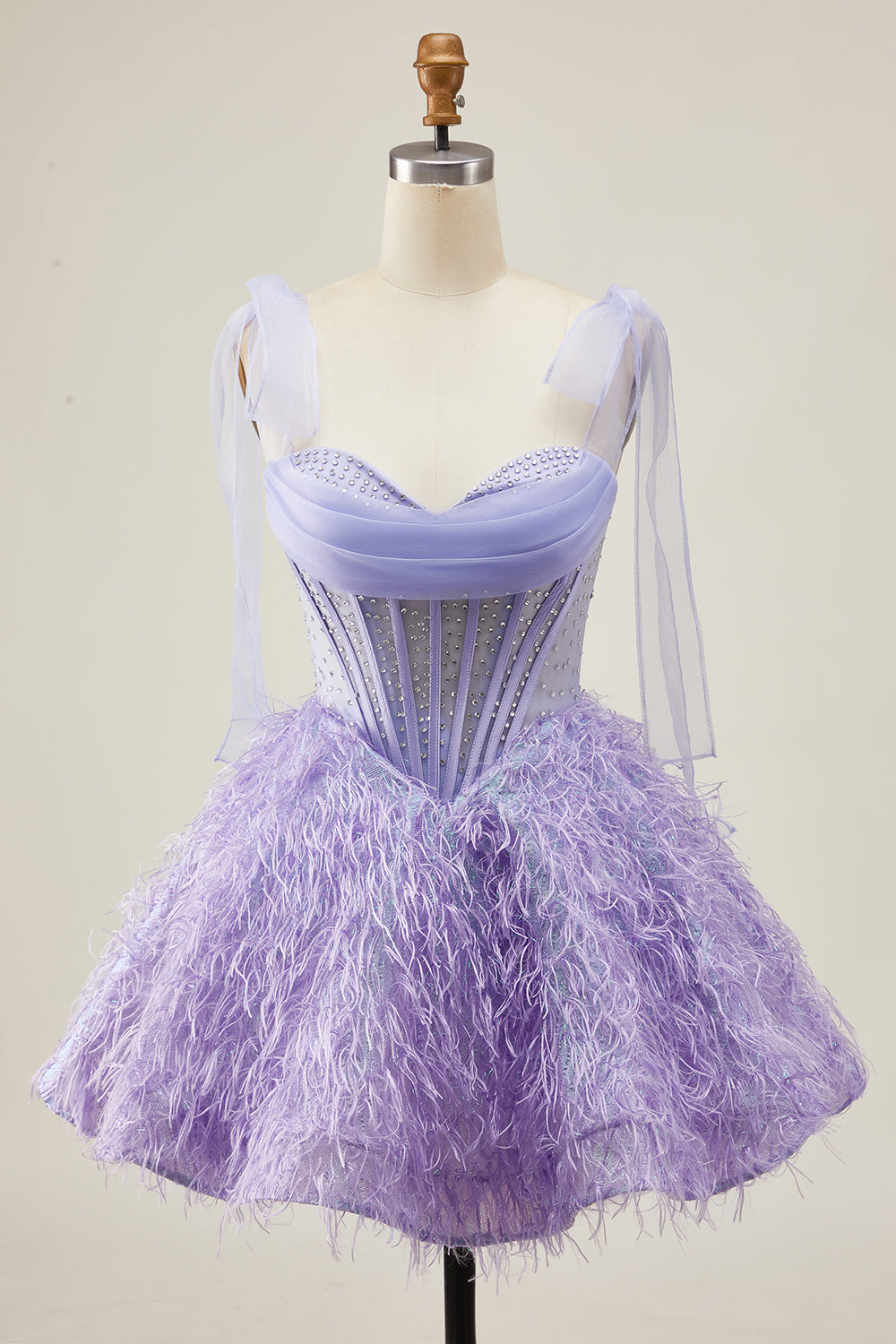 Lilac A-Line Beaded Corset Homecoming Dress with Feathers