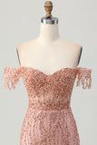 Dusty Rose Bodycon Beaded Off The Shoulder Corset Homecoming Dress