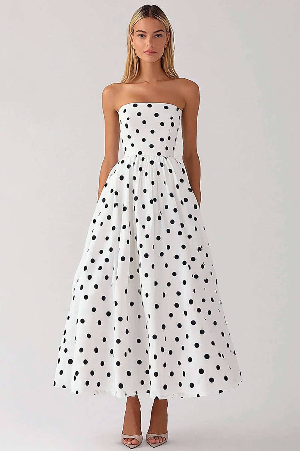 White Black Polka Dot Strapless A Line Graduation Dress