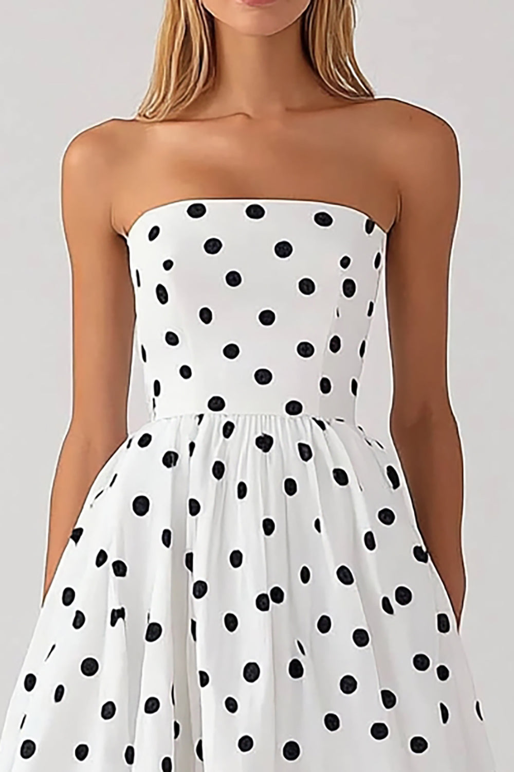 White Black Polka Dot Strapless A Line Graduation Dress