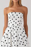 White Black Polka Dot Strapless A Line Graduation Dress