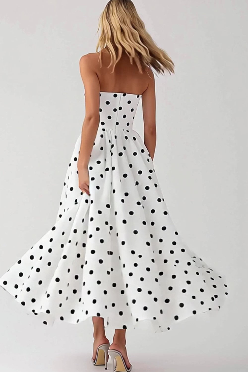 White Black Polka Dot Strapless A Line Graduation Dress