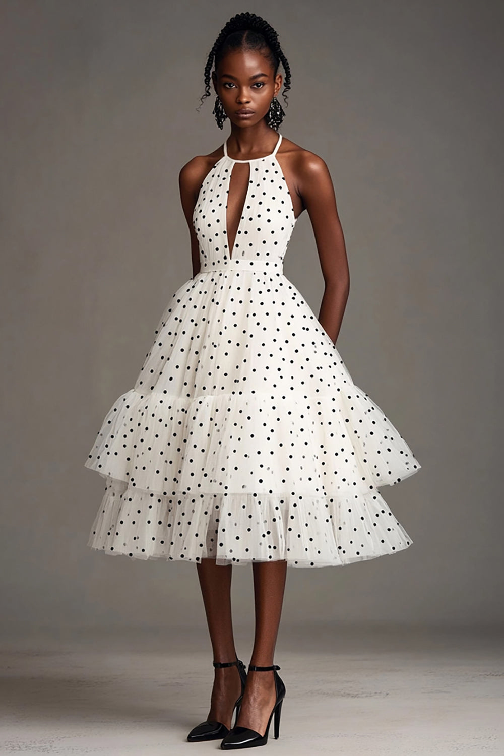 White Black Polka Dot Keyhole Halter Tiered A Line Graduation Dress