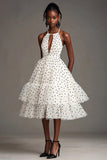 White Black Polka Dot Keyhole Halter Tiered A Line Graduation Dress