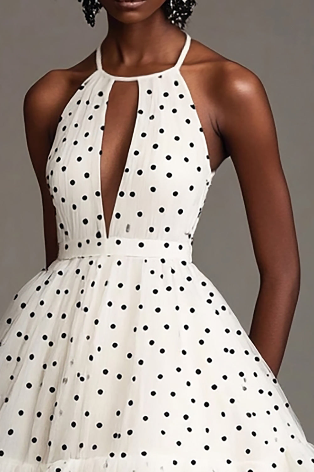 White Black Polka Dot Keyhole Halter Tiered A Line Graduation Dress