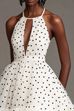 White Black Polka Dot Keyhole Halter Tiered A Line Graduation Dress