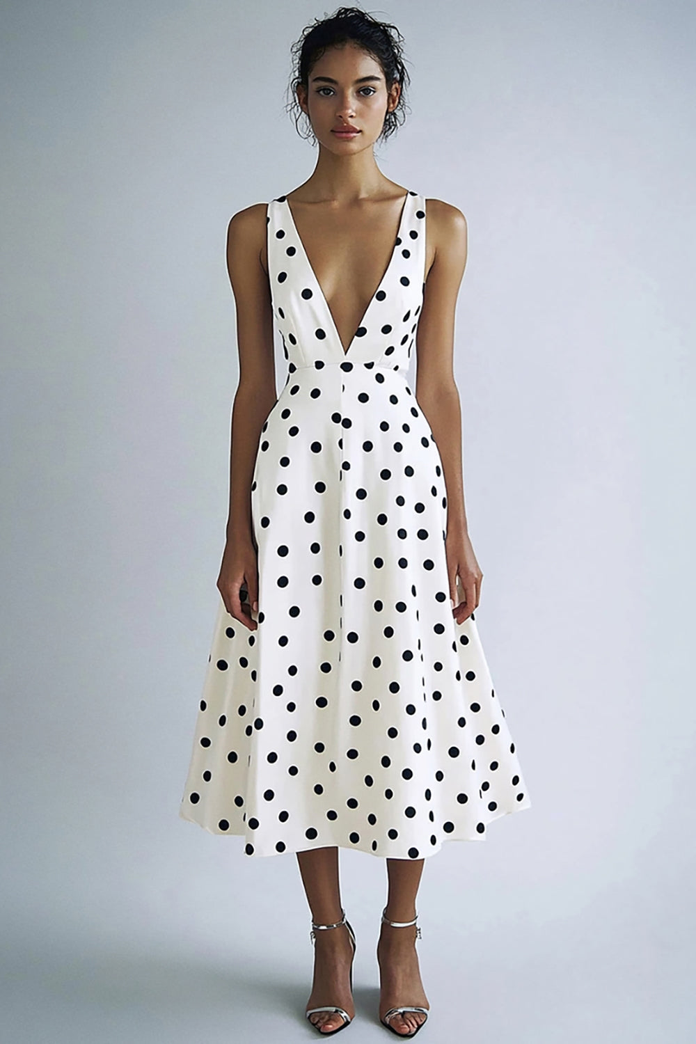 White Black Polka Dot A Line V-Neck Graduation Dress