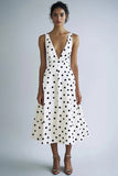 White Black Polka Dot A Line V-Neck Graduation Dress