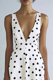 White Black Polka Dot A Line V-Neck Graduation Dress