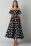 Off The Shoulder Black White Polka Dot Midi Formal Dress