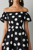Off The Shoulder Black White Polka Dot Midi Formal Dress