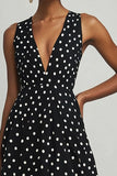Chiffon Black White Polka Dot V-Neck Graduation Dress