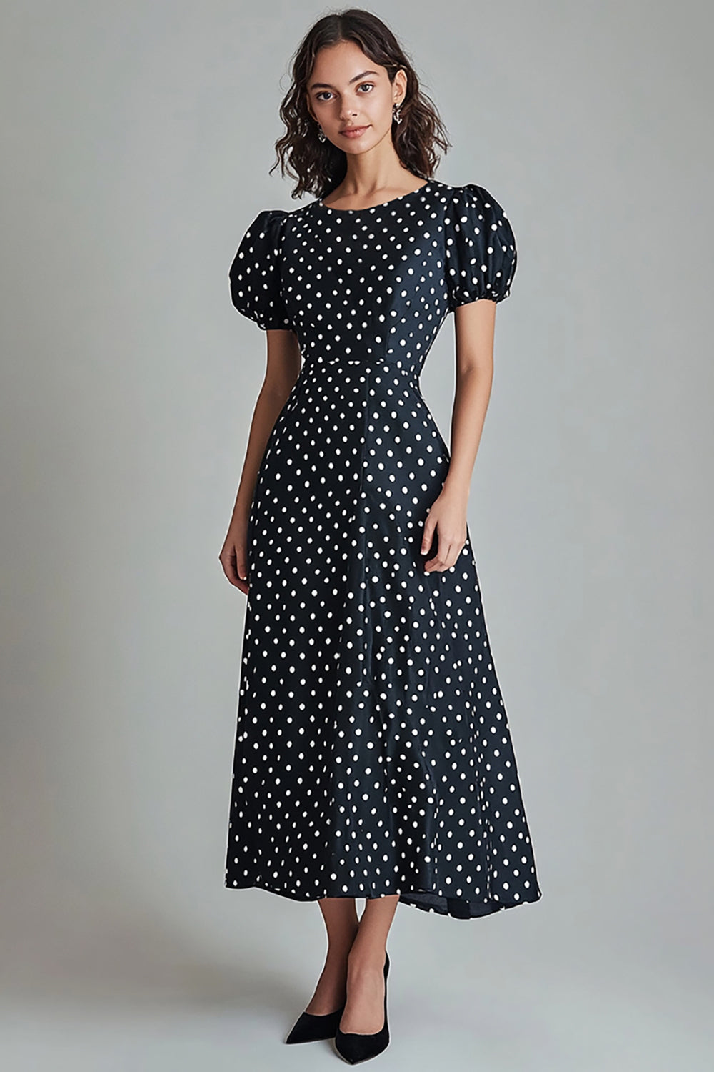 Black White Polka Dot Casual Dress with Puff Sleeves
