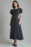 Black White Polka Dot Casual Dress with Puff Sleeves