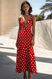 Red White Polka Dot Midi V-Neck Summer Dress