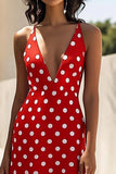 Red White Polka Dot Midi V-Neck Summer Dress