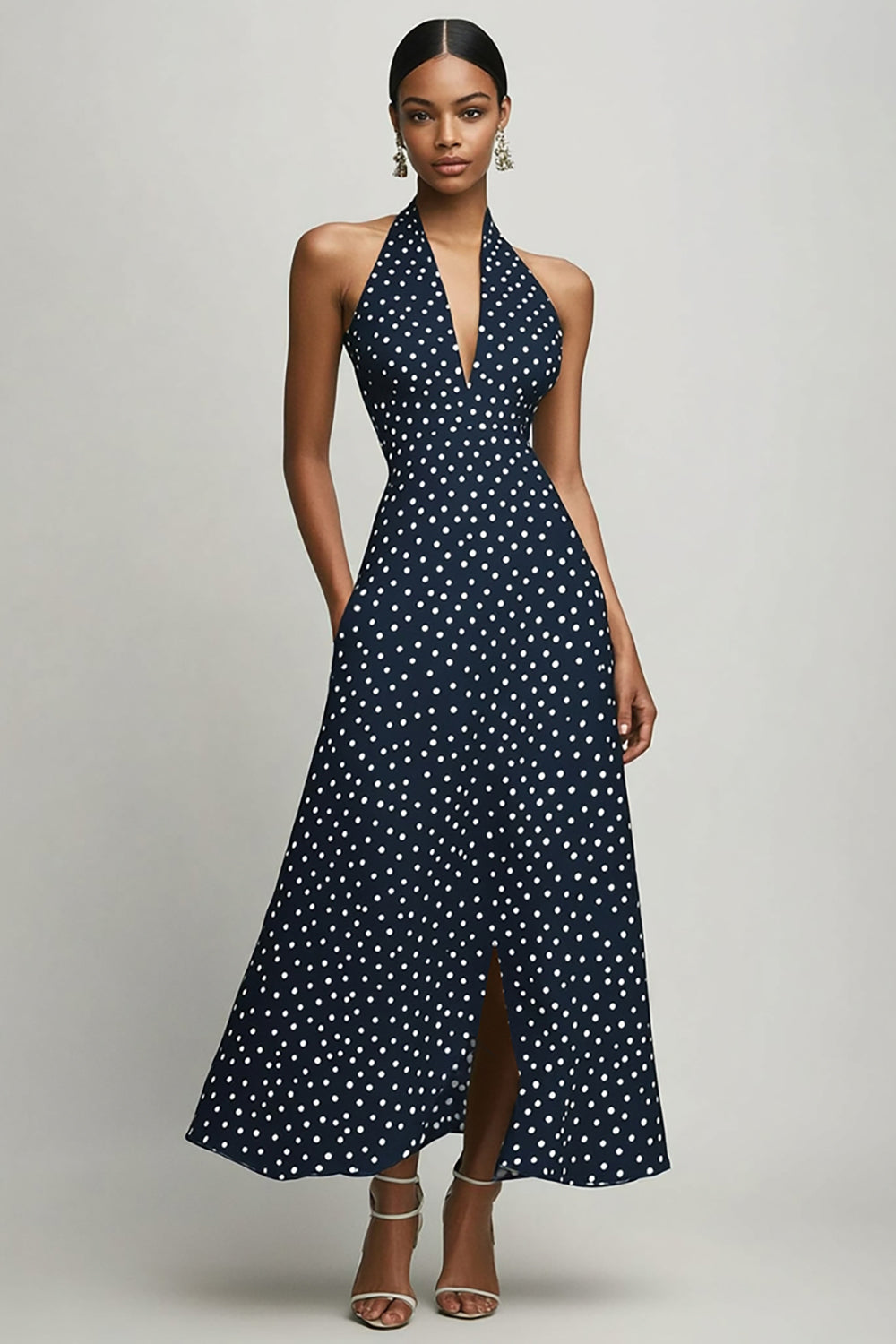 Navy White Polka Dot Chiffon A Line Halter Holiday Dress