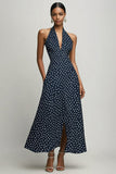 Navy White Polka Dot Chiffon A Line Halter Holiday Dress