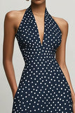 Navy White Polka Dot Chiffon A Line Halter Holiday Dress