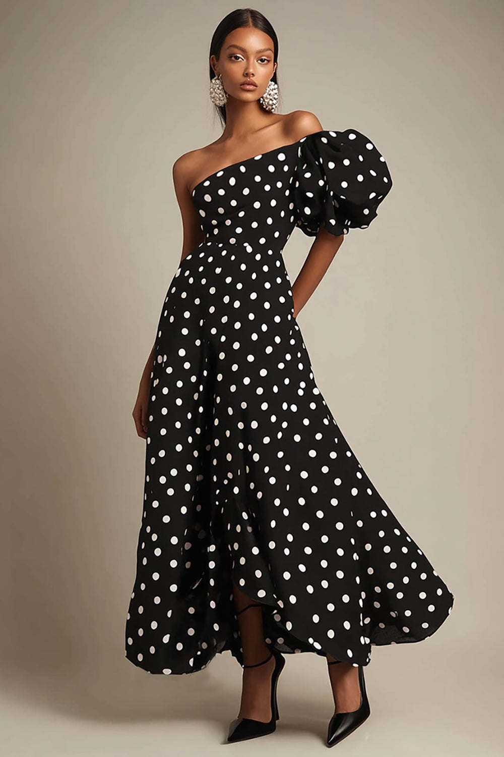 One Shoulder Black White Polka Dot Formal Dress