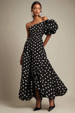 One Shoulder Black White Polka Dot Formal Dress
