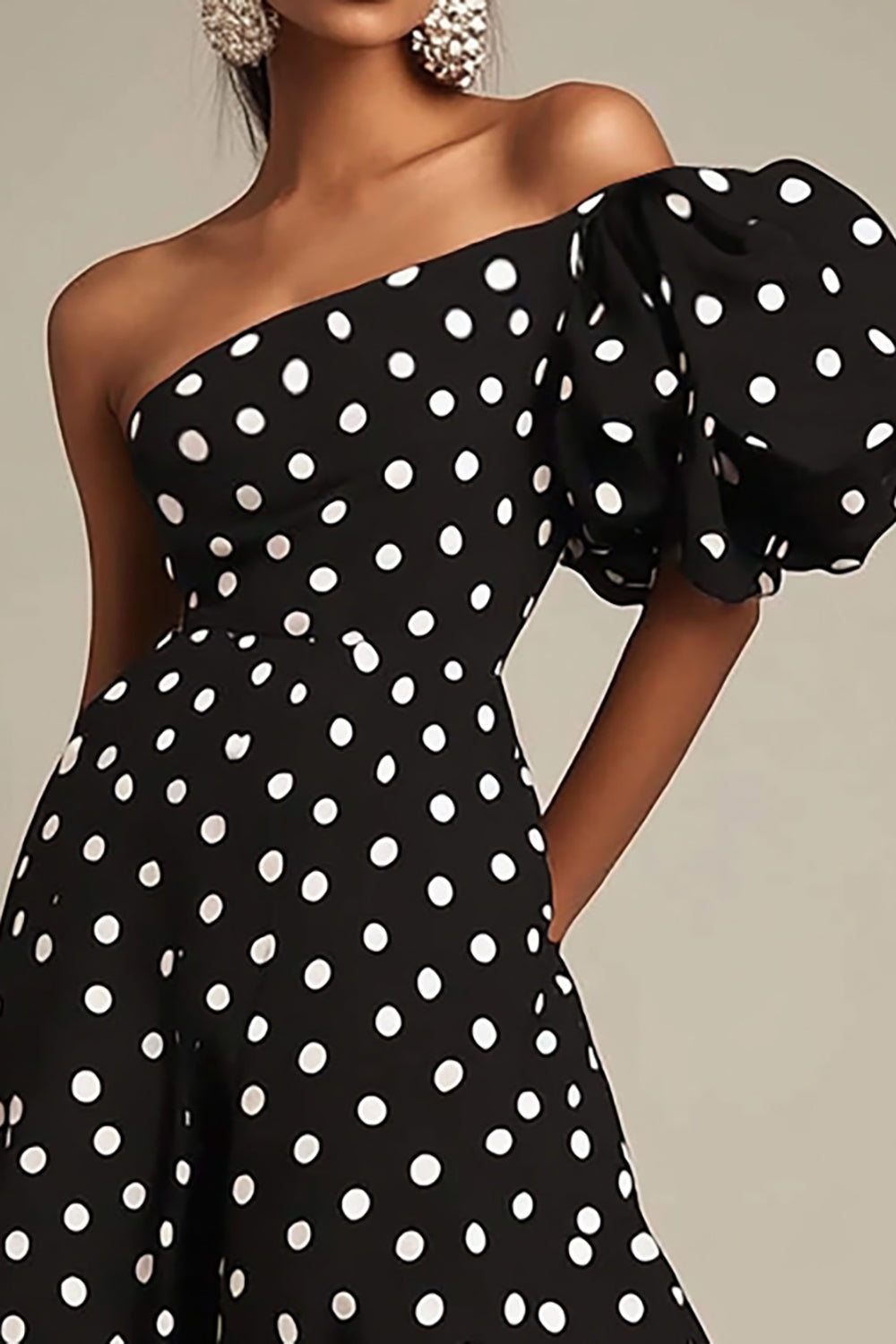 One Shoulder Black White Polka Dot Formal Dress