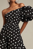 One Shoulder Black White Polka Dot Formal Dress