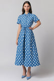 Blue White Polka Dot Lapel Casual Dress with Short Sleeves