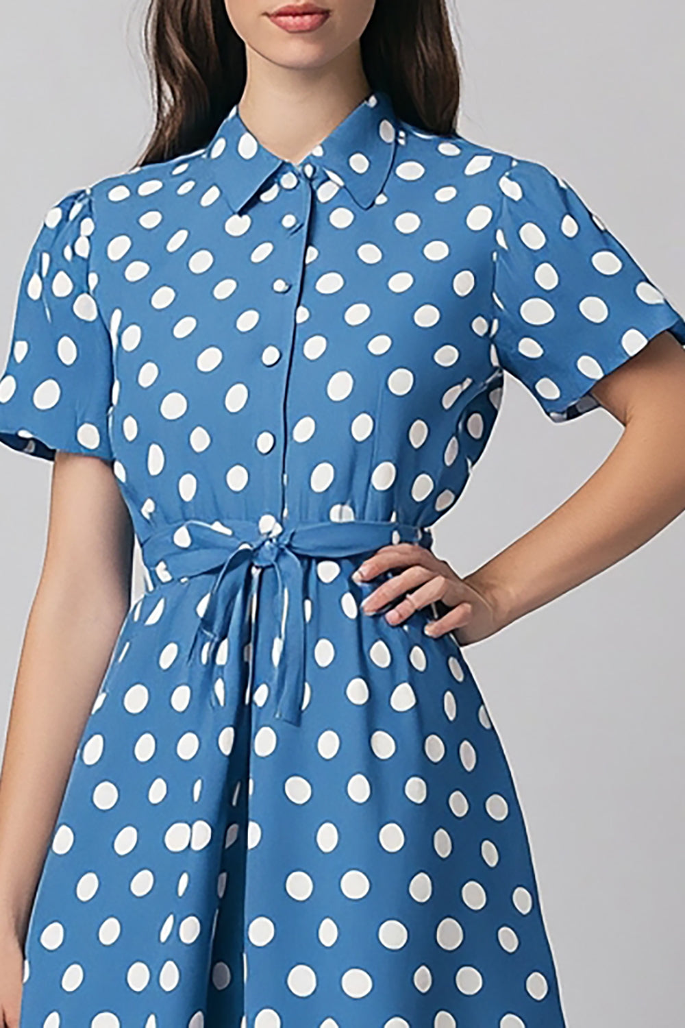 Blue White Polka Dot Lapel Casual Dress with Short Sleeves