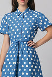 Blue White Polka Dot Lapel Casual Dress with Short Sleeves