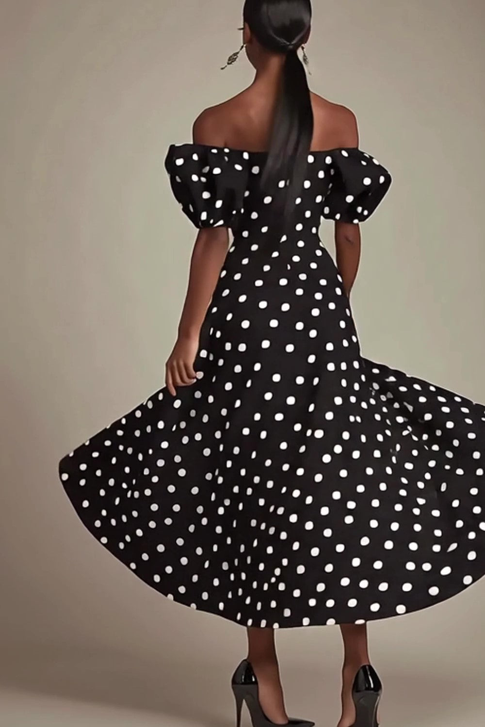 Off The Shoulder Black White Polka Dot Formal Dress with Slit