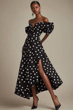 Off The Shoulder Black White Polka Dot Formal Dress with Slit