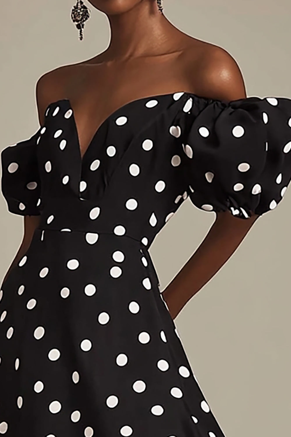 Off The Shoulder Black White Polka Dot Formal Dress with Slit