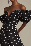 Off The Shoulder Black White Polka Dot Formal Dress with Slit