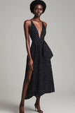 Chiffon A Line Black White Polka Dot Graduation Dress with Slit