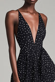 Chiffon A Line Black White Polka Dot Graduation Dress with Slit