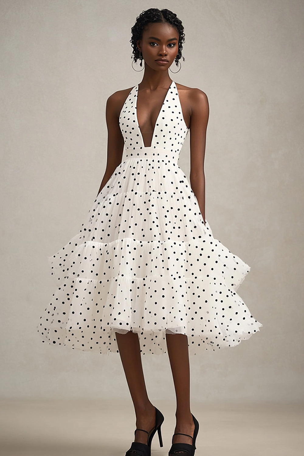 White Black Polka Dot Halter Midi Graduation Dress