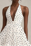White Black Polka Dot Halter Midi Graduation Dress