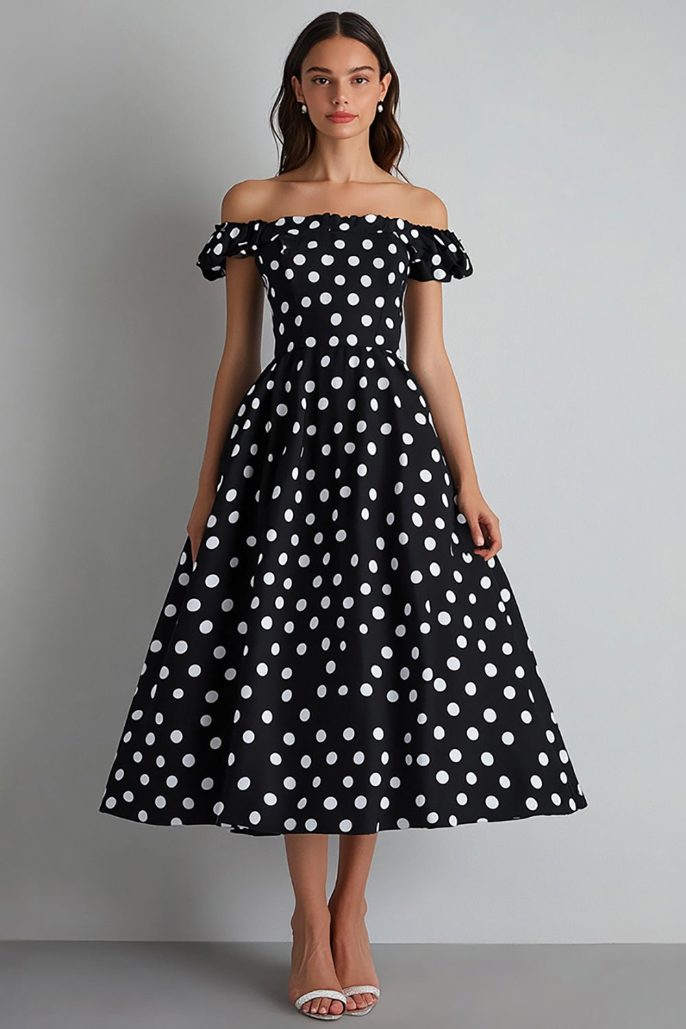 Black White Polka Dot Off The Shoulder Graduation Dress